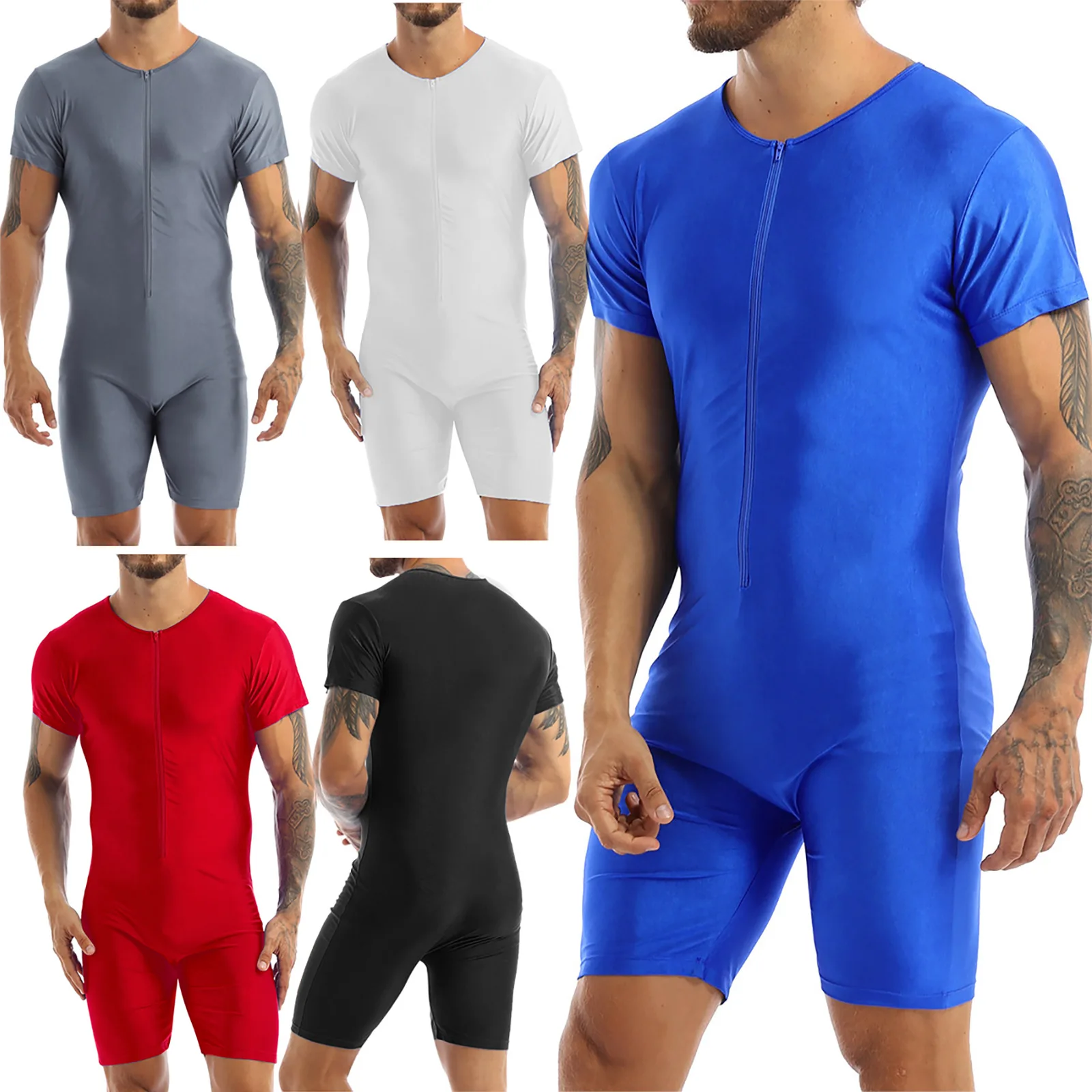 Mens One-piece Front Zipper Soft Wresting Boxer Briefs Tights Leotard Bodysuit Jumpsuit Surfing Swimming Shorty Wetsuit Swimwear