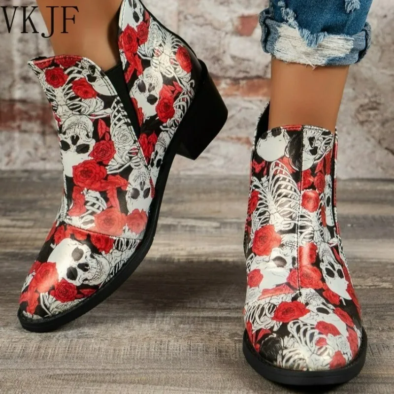

Women Fashion Printed Skull Cowboy Boots 2024 Autumn Winter New Pu Leather Ankle Boots Woman Slip on Thick Heels Chelsea Botines