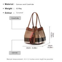 New Plaid Canvas & Cowhide Small Handbag for Women – Caramel Color Designer Shoulder Purse, Vintage Checkered Fashion Bag - Image 4