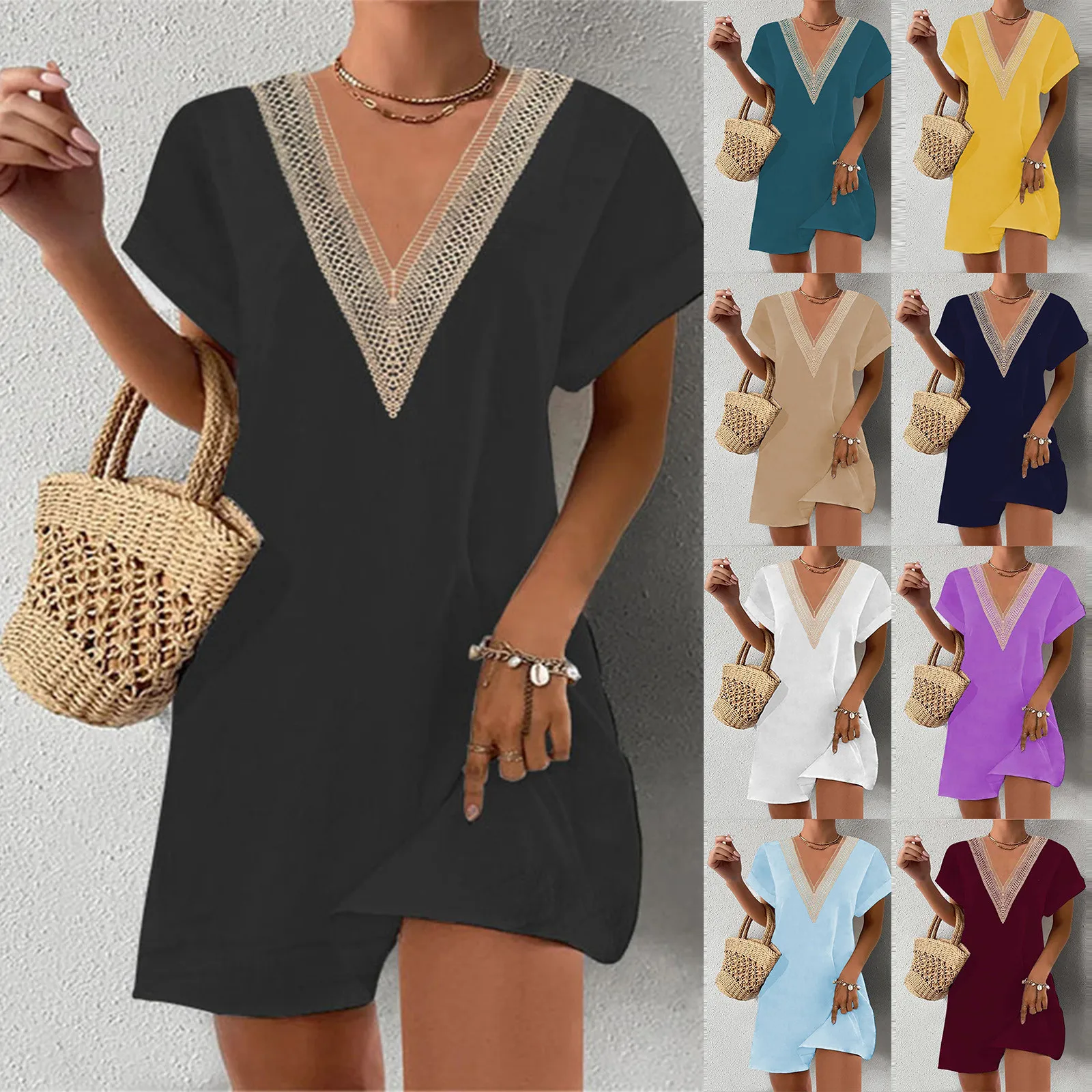 

Элегантные женские платья 2023, однотонное платье средней длины с коротким рукавом и V-образным вырезом, модное платье для отпуска