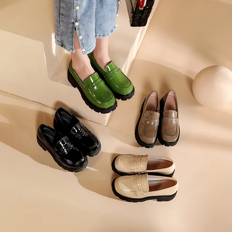 Loafers Shoes Women Genuine Leather 2025 Spring Platform Green
