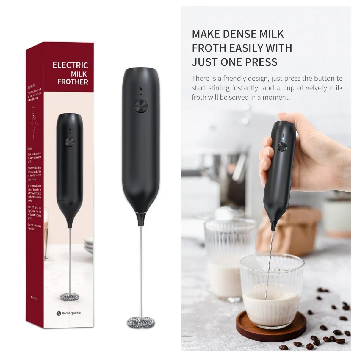 Milk Frother Electric  Stainless Steel Mini Foam Maker Rechargeable USB Type-C Cable Drink Mixer Whisk Beater for Coffee