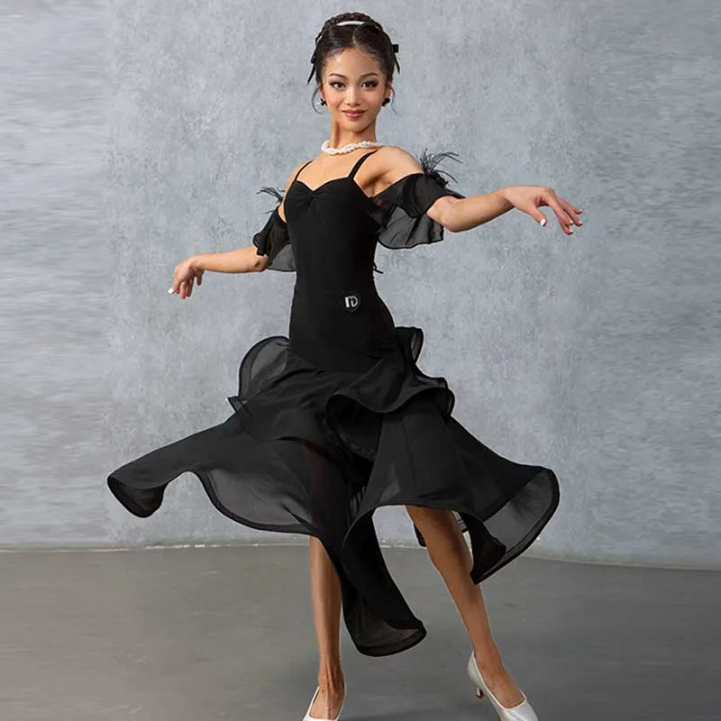 Girls Ballroom Dance Dress Wlatz Tango Modern Dance Competition Costume Chiffon Double Layer Skirt Hem Standard Dresses