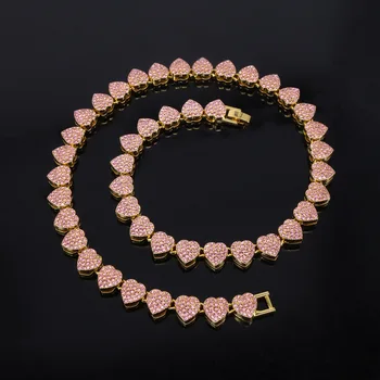 ZAKOL New 11mm Width Heart Hip Hop Bracelet Necklace Shiny Pink Clear Rhinestone CZ Street Rock Ornaments Jewelry for Women Men 1