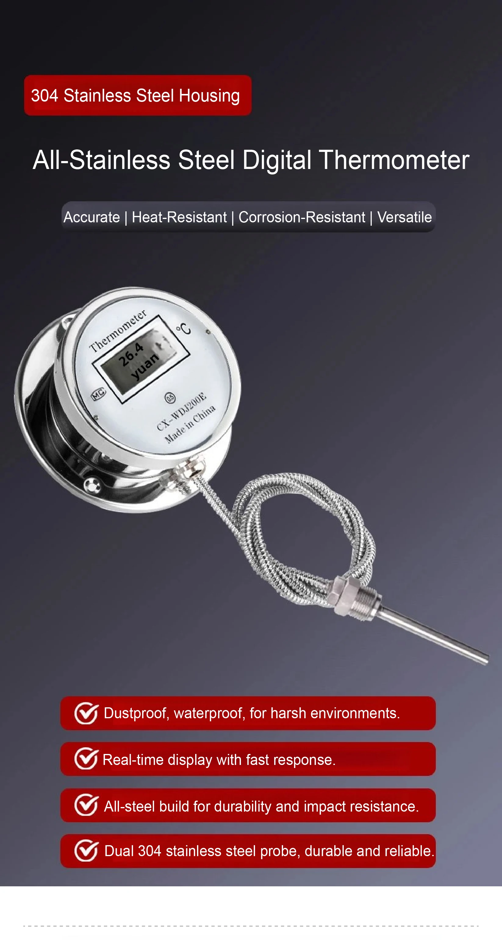 CX-WDJ200E Digital Display Thermometer High Precision Stainless Steel Probe Wate