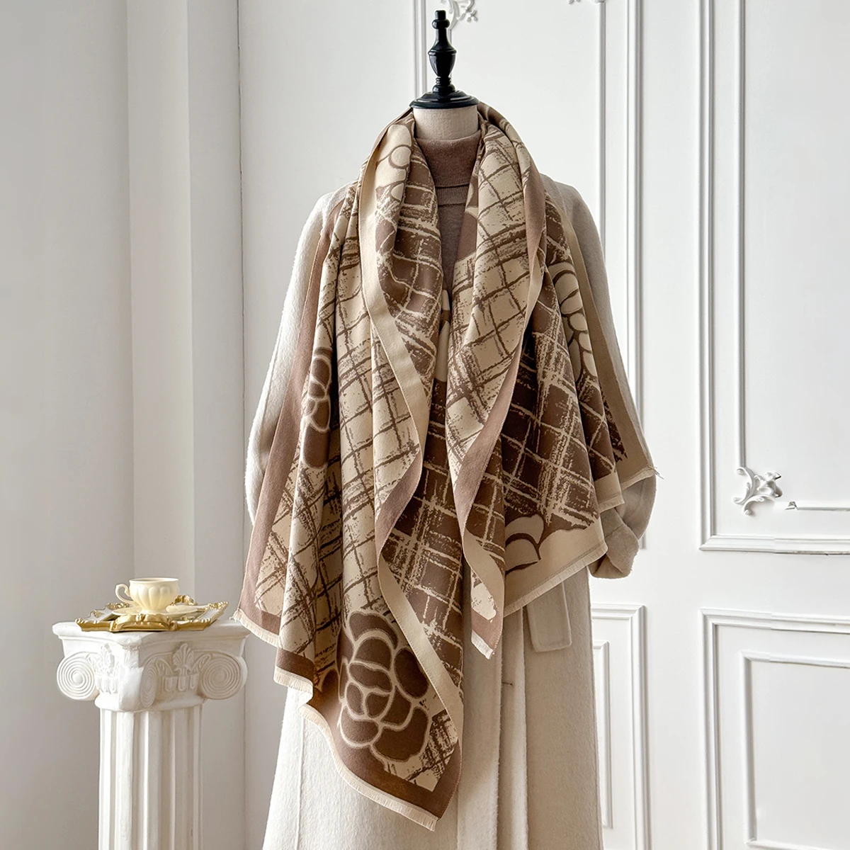 Brand Fashion Women's Winter Cashmere Wrap - Vintage Oil Painting Floral Printed Tasseled Pashmina Thick Shawl, Scarf & Echarpe