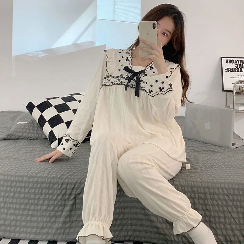 Square Neck Lace Edge Jacquard Knitted Cotton M-XXL Long Sleeve Set Women's Princess Pajamas Women's Home Dress Evening Dress