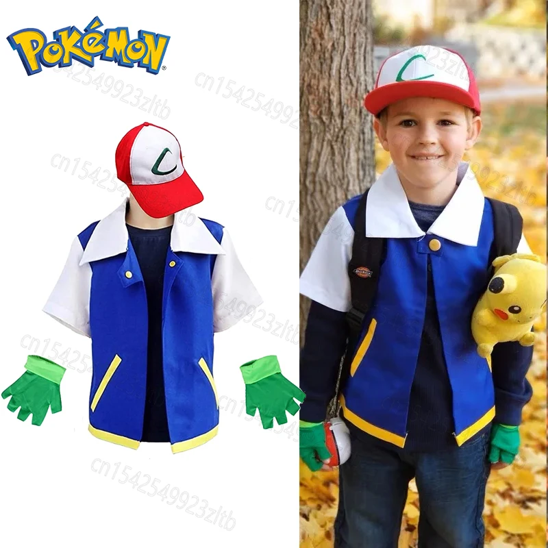 

Halloween Cosplay Anime Ash Ketchum Clothes Trainer Pokemon Cap Gloves Set Men's Jacket Costume Boy Girl Cosplay for Party Gift