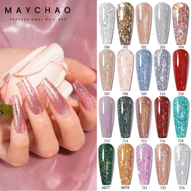 MAYCHAO 글리터 젤 매니큐어 7.3ml 반영구적 인 스팽글 샤이니 젤베이스 탑 코트 UV LED 바니시 네일 아트 장식