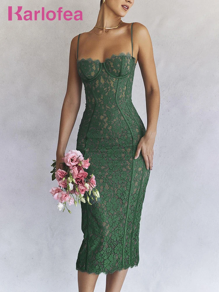 

Karlofea Elegant Vintage Green Lace Midi Dress Simple Luxury Spaghetti Strap Party Clothes Gown For Women 2022 Evening Dresses