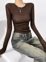 Women Crew Neck Fitted Long Sleeve Semi Sheer T-shirt - Image 4