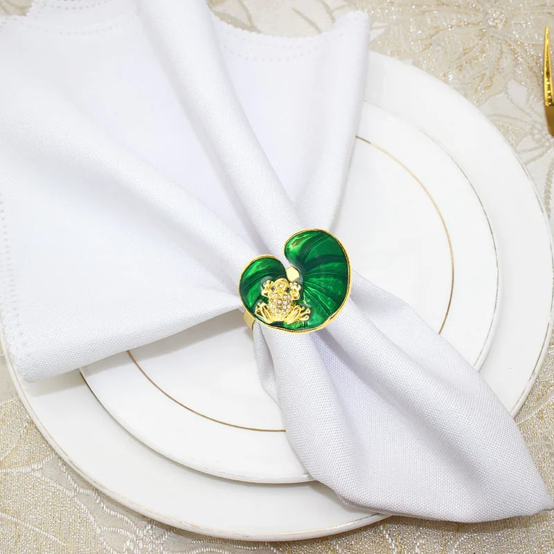 12pcs/lot Green napkin ring lotus leaf frog napkin buckle gold mouth cloth ring wedding table decoration