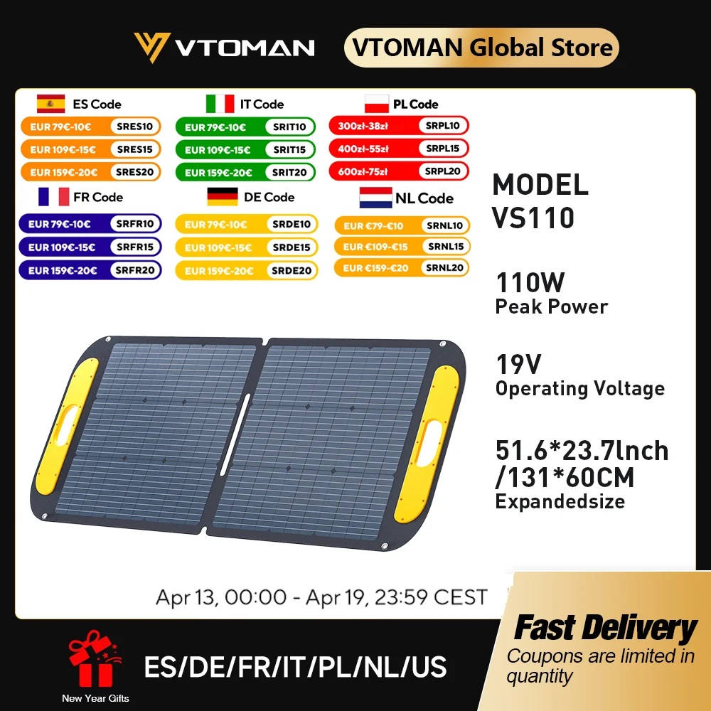 VTOMAN-Panneau Solaire VS110 Pliable et Étanche, Accessoire de Secours d'Extérieur pour Centrale Électrique Jump 600x, 110W