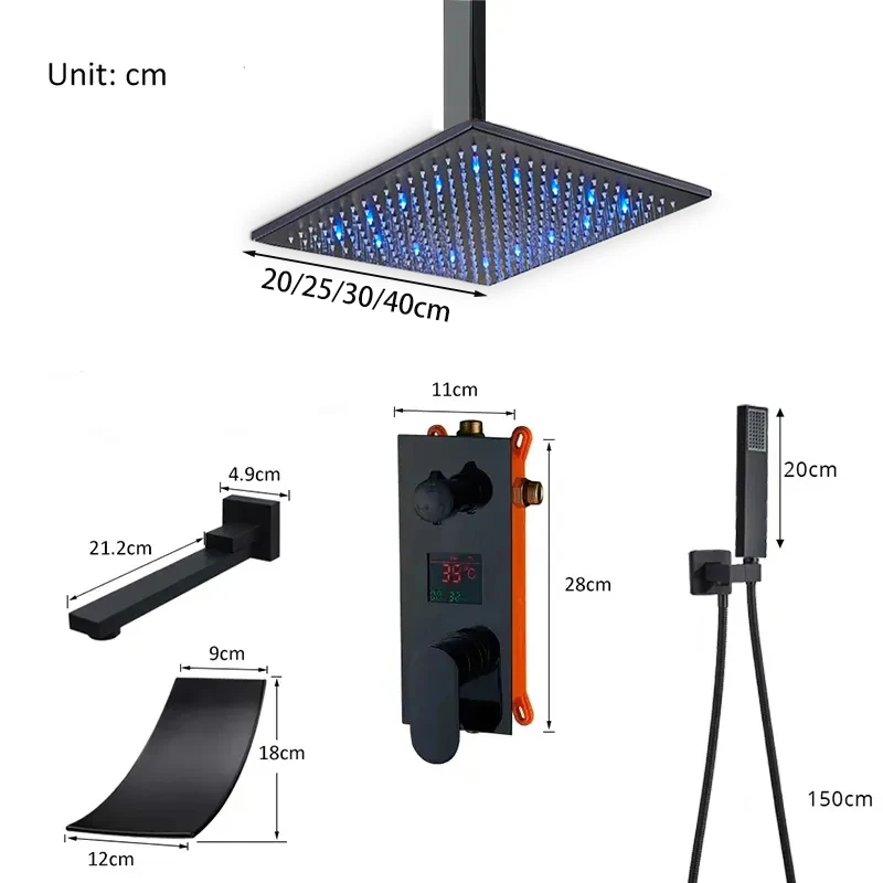 Black Concealed Shower Faucet LED Rainfall Shower Head Digital Display System Bathroom Tap Ceiling Install Taps shower head,bathroom faucet,bathroom shower faucet set