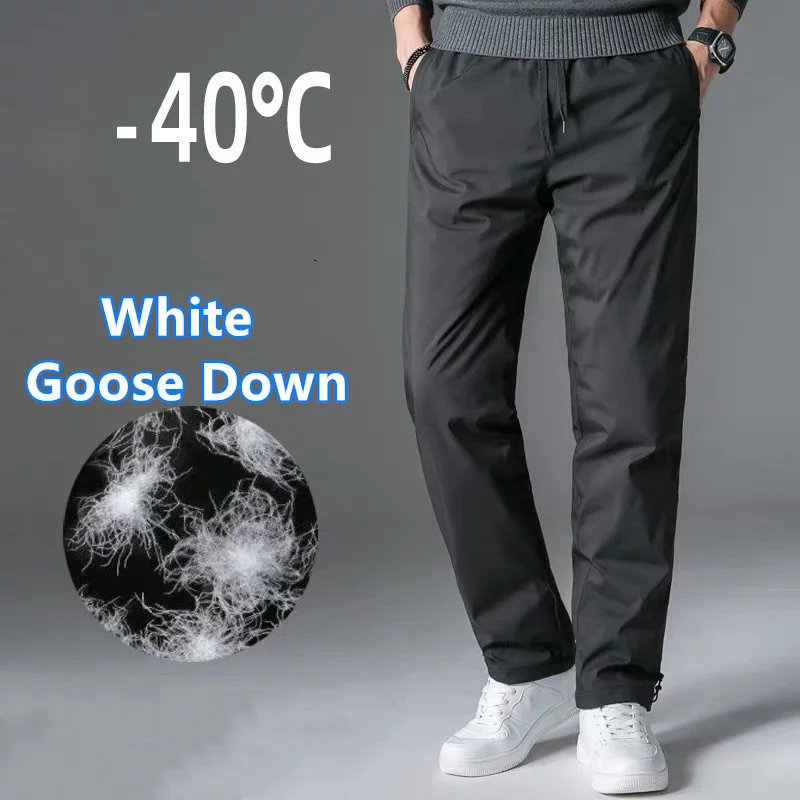 Men's White Goose Down Pants Warm High Waist Middle-aged Trousers Outdoor Camping Working Sports Trekking Tooling Cargo Clothes