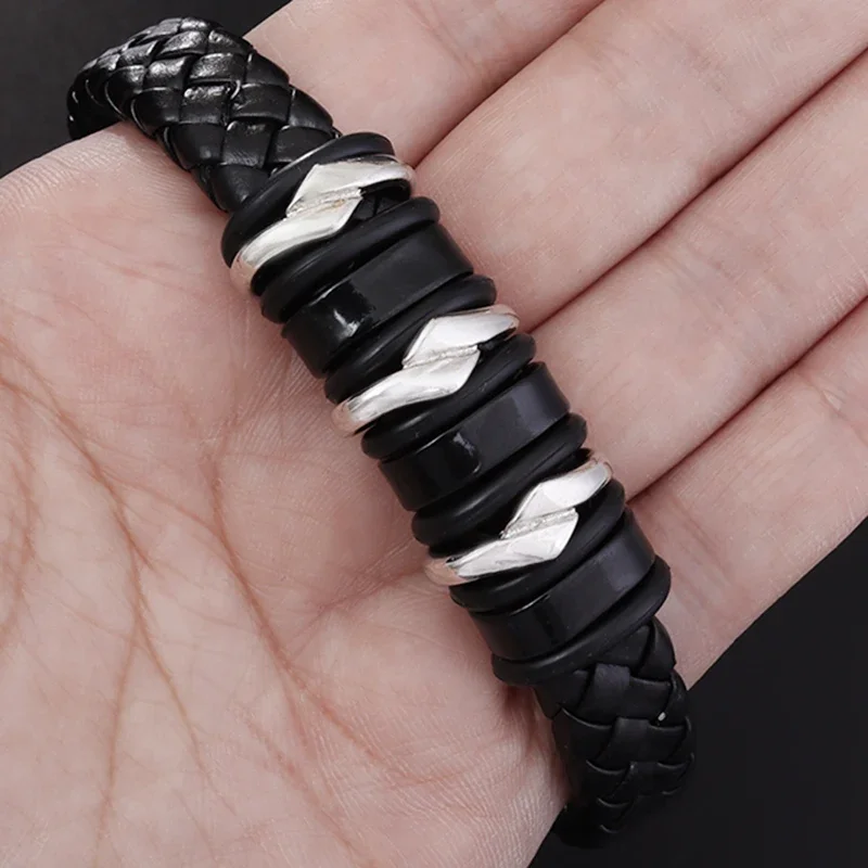 Men's Classic Magnetic Black Leather Rope Chain Charm Bracelet Sports Casual Style