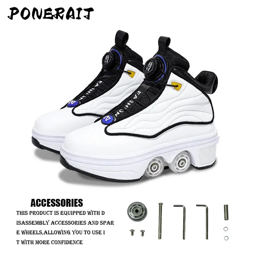 Unisex Automatic Retractable 4-Wheel Roller Skates Women's High Sneakers with Wheels Girls' Dual-Purpose Skating Sports Shoes