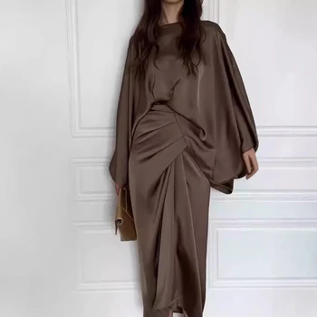 Elegant Women Tie-up Waisted Satin Dress Casual Female O-Neck Draped Long Dress Vintage Solid Color Bat Sleeve Robe Party Dress 1