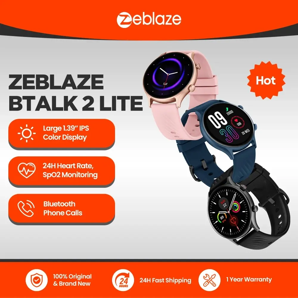  New Zeblaze Btalk 2 Lite Voice Calling Smart Watch Large 1.39 HD Display 24H Health Monitor 100 Workout Modes for Men 