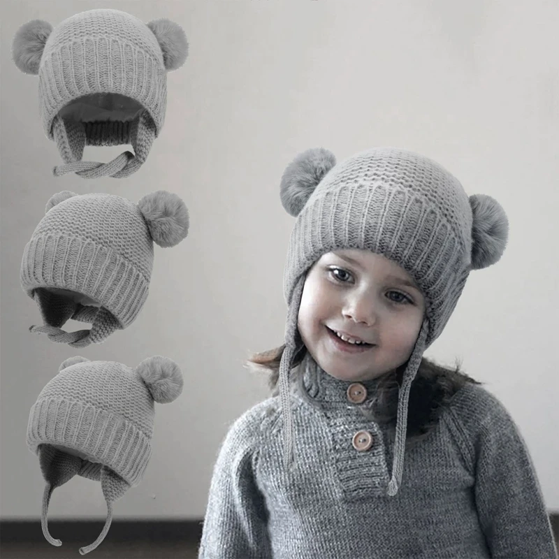 

Fashion Double Hairball Solid Color Baby Pompom Cap Keep Warm Outdoor Children'S Winter Hat Beanie Hat
