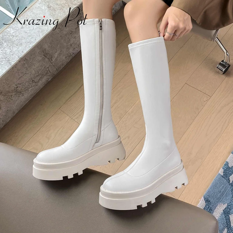 

Krazing Pot Microfiber Round Toe Thick Bottom Platform Stretch Boots Concise Style Fashion Mature Solid Zip Thigh High Boots L02
