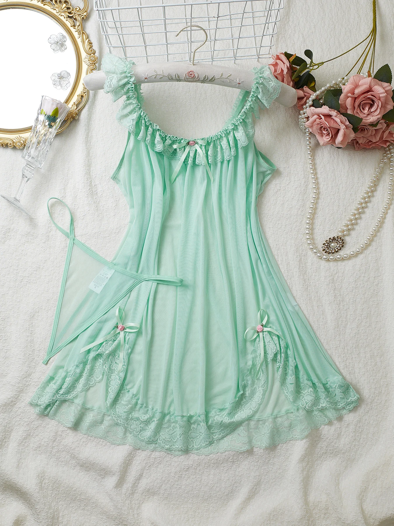 Tulle Exquisite Bow Women's Lencerias Lace Round Neck Underwear Semi-transparent Thong Dress Set Females Lingerie Nightgown