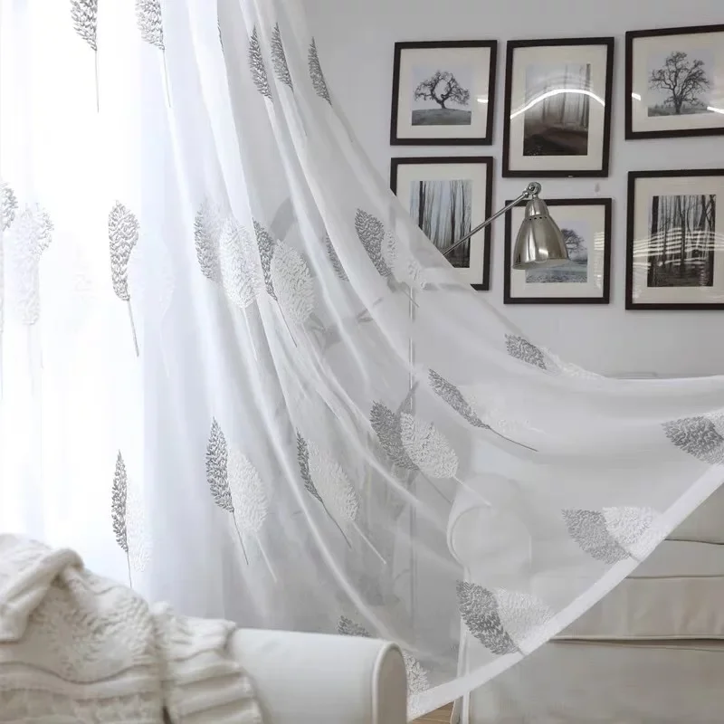 White Sheer Tulle Curtains - Modern Embroidered Translucent Window Drapes for Living Room  Bedroom