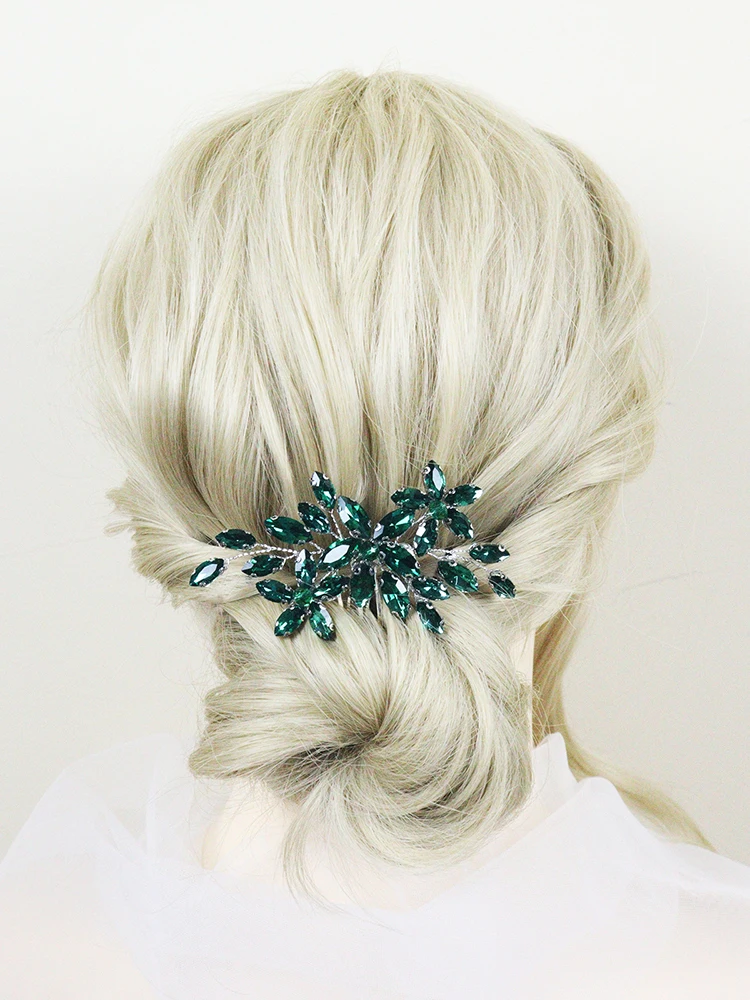 Green Rhinestone Hair Comb Bohemian Bridal Hair Accessories for Women Girls Handmade Wedding Head Jewelry Party Prom Clips