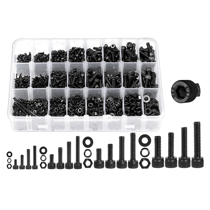 

1600Pcs Hex Socket Head Cap Machine Screws Nuts And Bolts Assortment Kit Black Metric Screw Assortment Metric Bolt Assortment