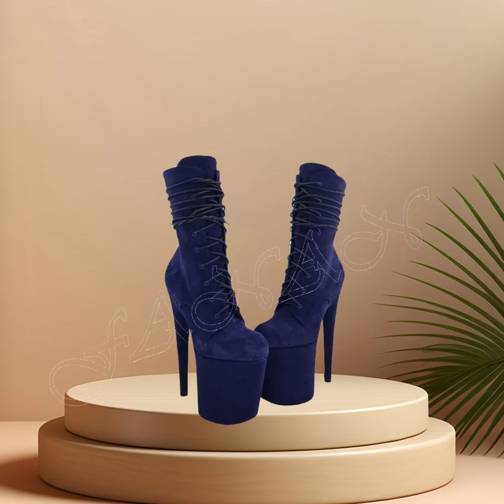 

Blue Suede Platform Ankle Boots Spike Heel Cross Tied Side Zipper High Heel Shoes for Women High Heel 2023 Zapatillas Mujer