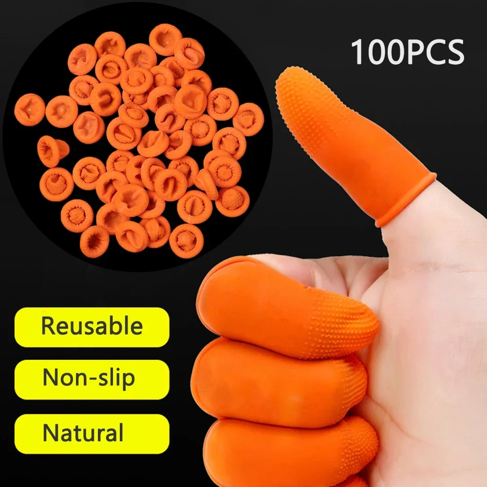 100PCS Finger Cots Orange Reusable Natural Rubber Latex Non-slip