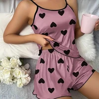 Ensemble pyjama pour femmes, T-Shirts et shorts, T-Shirt rose imprimé en forme de cœur, col rond, haut en soie glacée, confortable et décontracté, été ﻿ 3