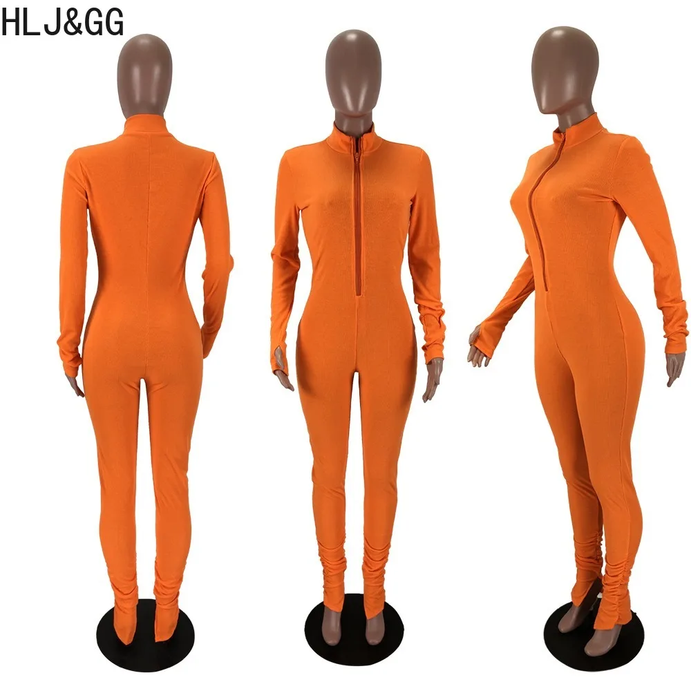 HLJ&GG Autumn Casual Solid Zipper Bodycon Jumpsuits Women V Neck Long Sleeve Stacked Pants One Piece Playsuits Female Overalls