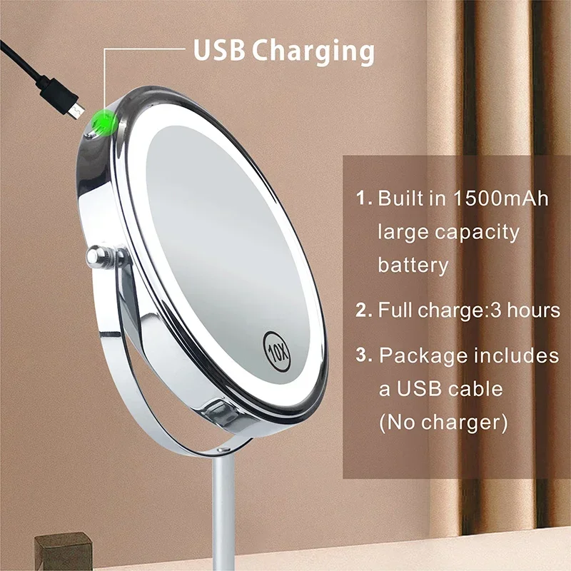 8inch 10X Magnifying LED Makeup Mirror with 3 Color Light Touch Switch Double Side USB Charging Desktop Vanity Cosmetic Mirror 6