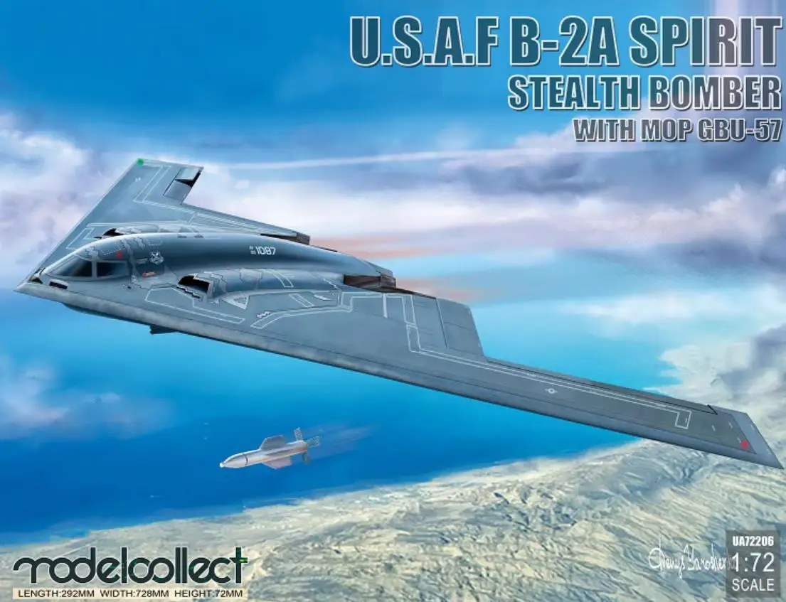 

Collect Model UA72206 1/72 Scale USAF B-2A Spirit Stealth Bomber w/MOP GBU-57 Model Kit