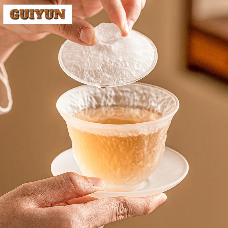 120ml Chinese Frosted White Glass Gaiwan Zen Anti Scalding Tea Tureen Tea Brewing Cover Bowl Azure Stone Ceremony Ornaments
