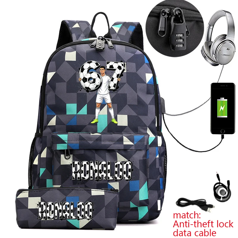 Cr7 Ronaldo 67 Print Anti-Theft Student Backpack with Pencil Case for Teenagers Kids School Daypack 4