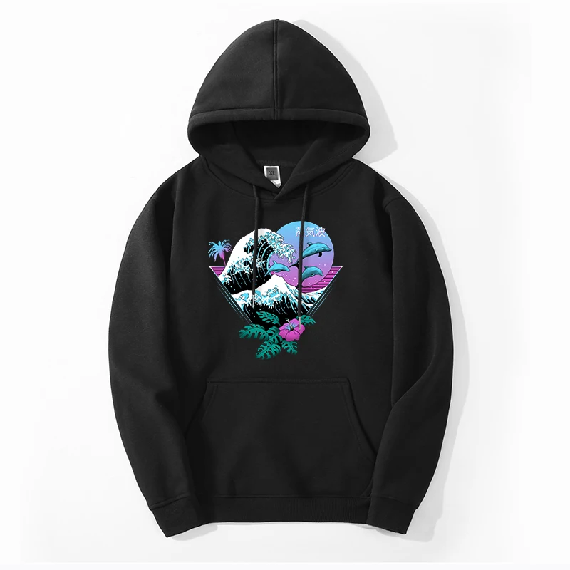 

The Great Wave Mens Oversize Thick Sweatshirts Vaporwave Hoodies Hip Hop Warm Oversize Clothing Simple Sweatshirt 3XL 4XL