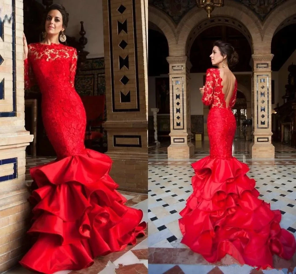 

Charming Red Lace Mermaid O-Neck Applique Prom Dresses Sheer Jewel Long Sleeves Backless Custom Made Special Evening Gowns