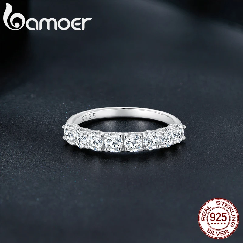 BAMOER 0.8CT D Color VVS1 EX Round Moissanite Ring 925 Sterling Silver Eternity Ring Women Engagement Wedding Luxury Band