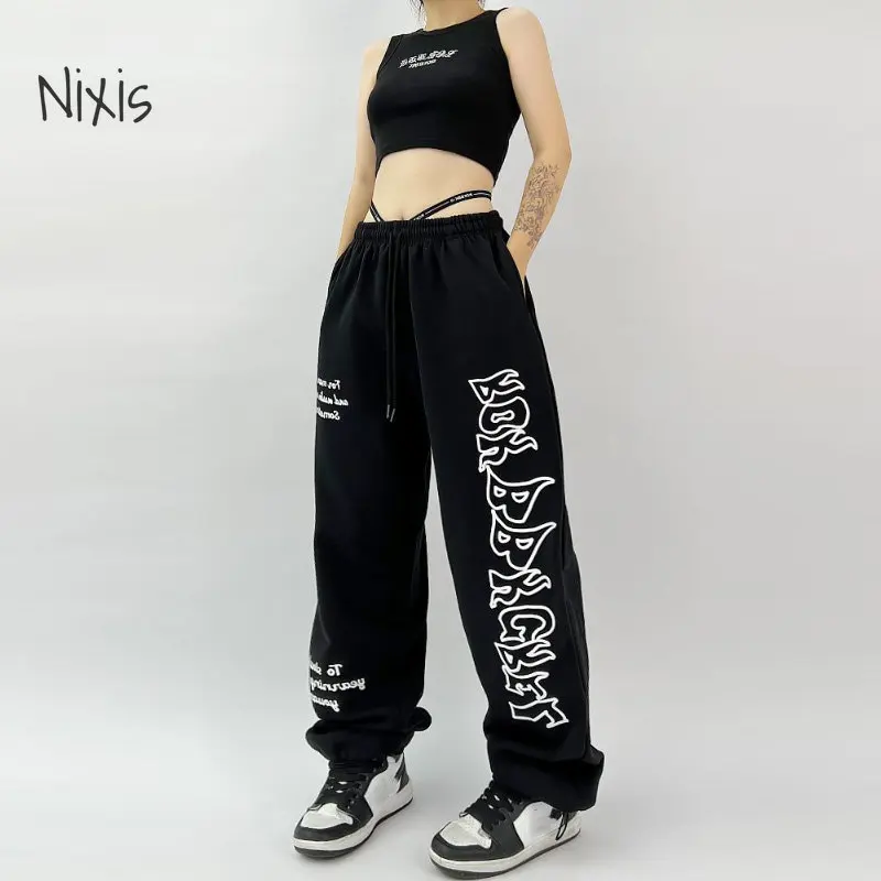 

Letter Printing Black Sweatpants for Women Street Style Hip-hop Dance Pants Spring Summer Loose Trousers Elastic Waist Bottoms