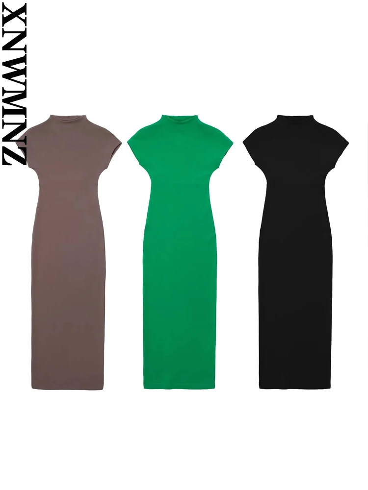 

XNWMNZ 2023 Women Fashion Knitted Midi Dress Woman Casual Versatile O Neck Short Sleeve Slim Fit Female Midi Dresses