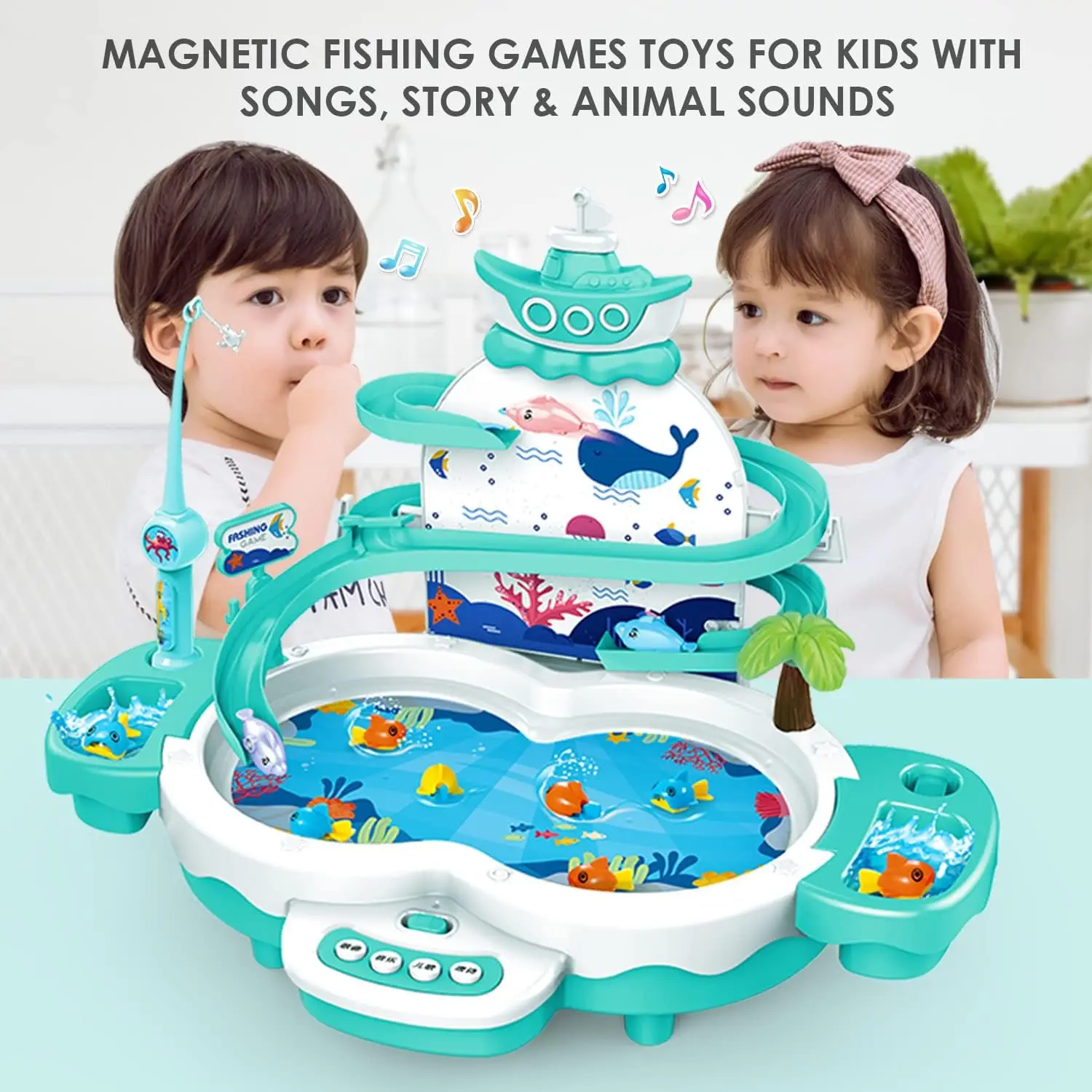 Baby Toddler Toys 3 in1 Fishing Game  34 PCS ,Can Add Water,amzing Dolphine Flying  Fish Toys for Kids 4