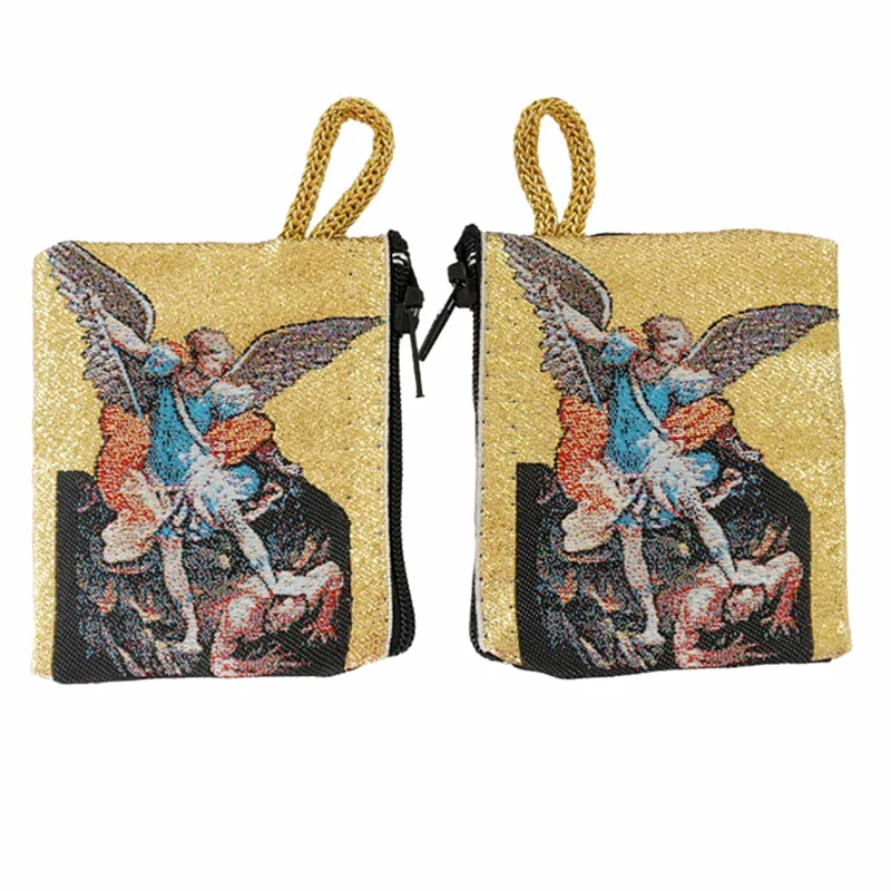 Archangels Rosary Pouch Gold Thread Woven Prayer Bag Religious Jewelry Storage Box 6.6x7.2cm