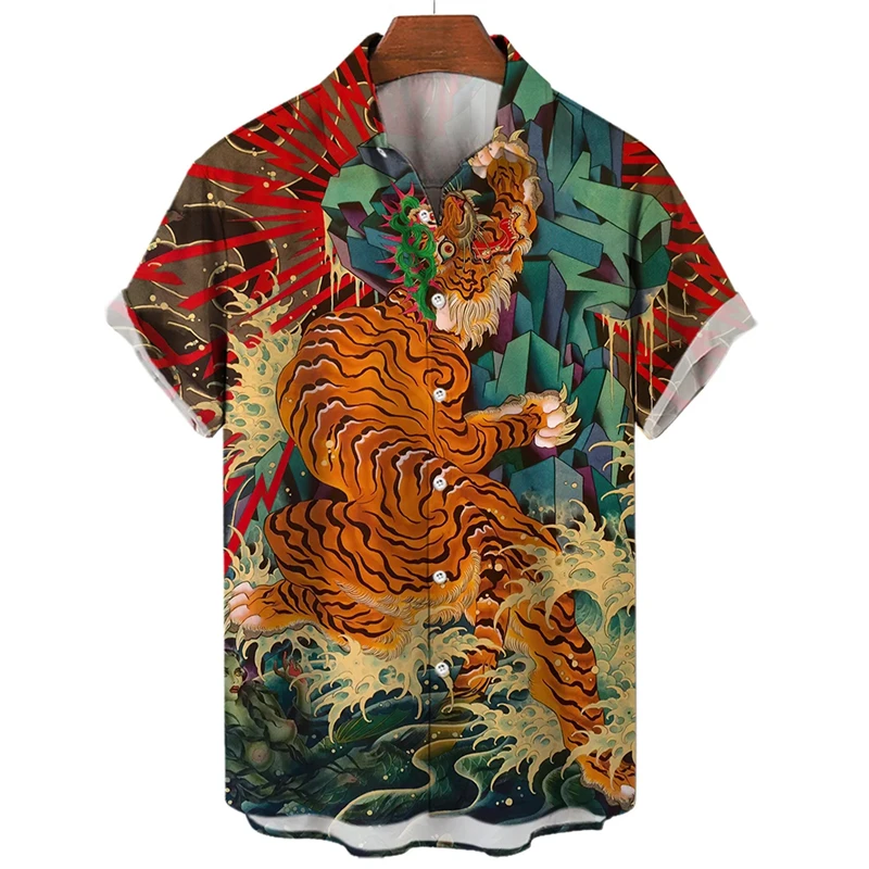 

Tiger Pattern Shirt Summer Hunter Short Sleeve Men's Shirts Anime Print y2k Tops Casual Lapel Oversized Button Short Sleeve Tees