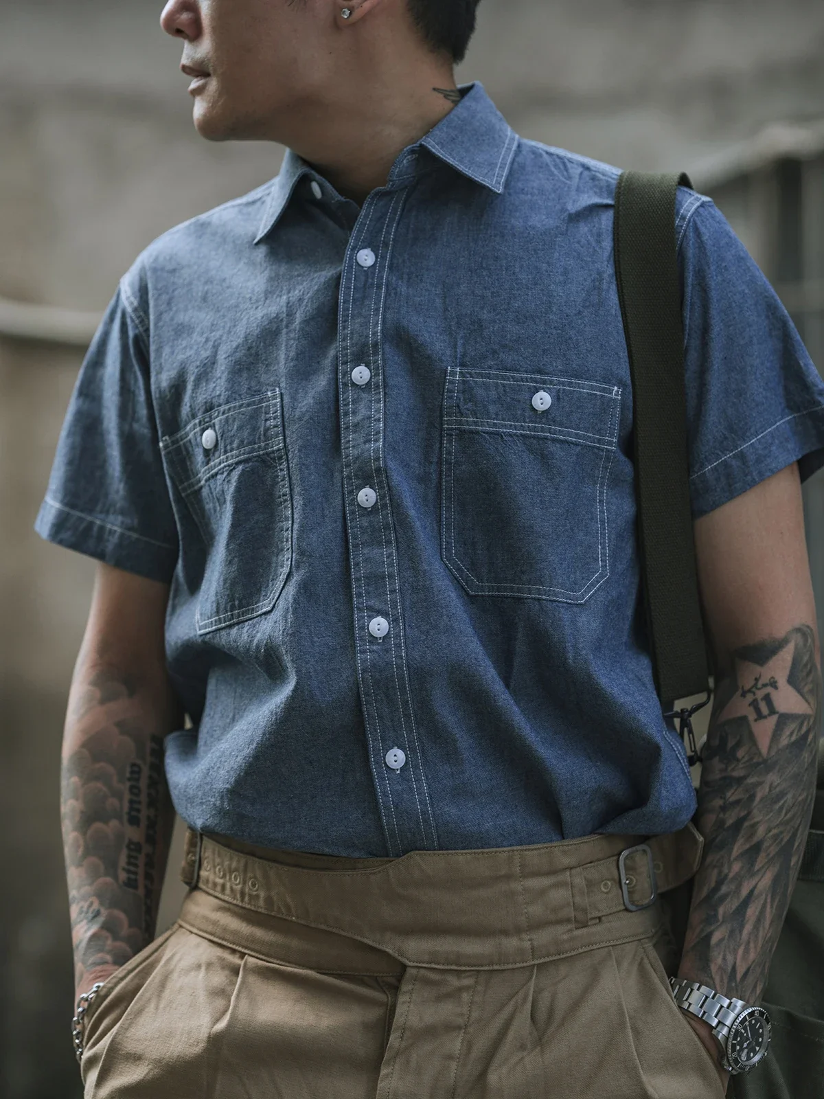 NON STOCK Summer Chambray Short Sleeve Shirt Light Blue Men's Casual Work Shirt 3