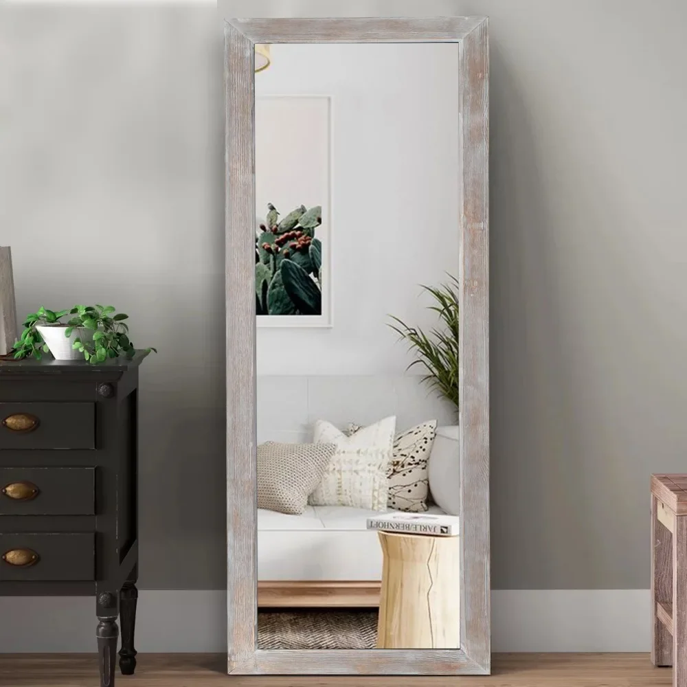 

65"x22" Solid Wood Full Length Mirror with Standing Holder Floor Mirror Rectangular Wall Mounted Mirror Hanging Leaning, White