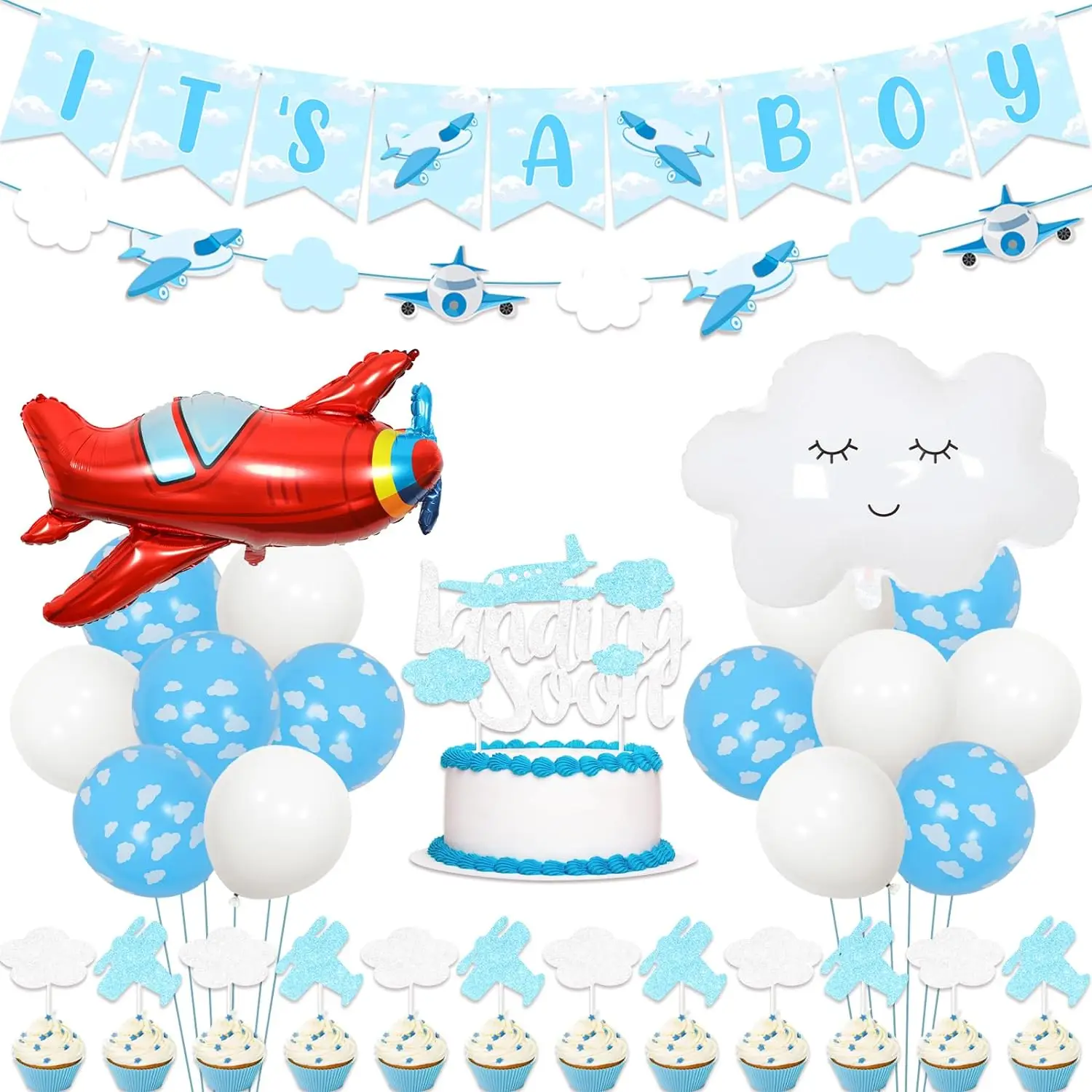 

Airplane Baby Shower Decor It’s a Boy Banner Balloons Sky Garland Aircraft Landing Soon CakeTopper Airplane Gender Reveal Decors