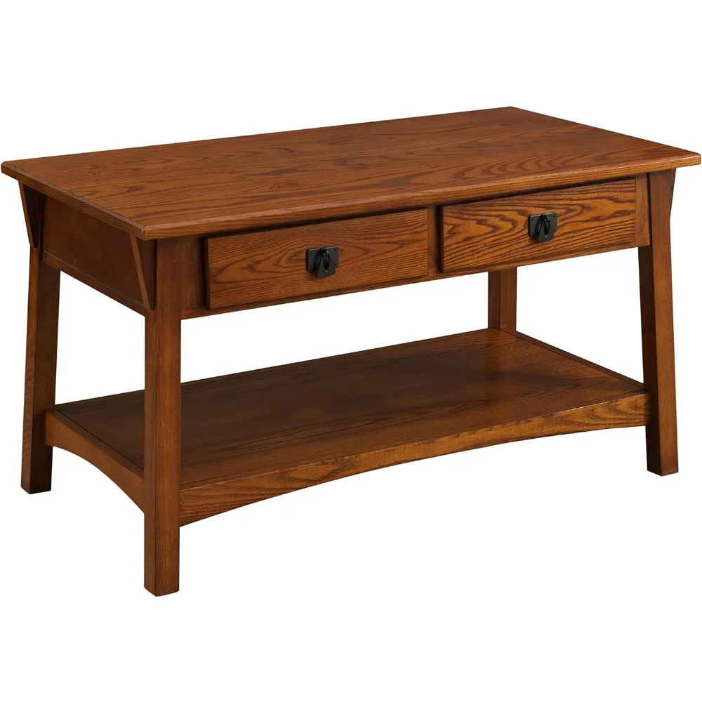 

10055-RS Mission Coffee Table for Living Room, Two Drawers and Shelf, Made with Solid Wood, Russet Finish