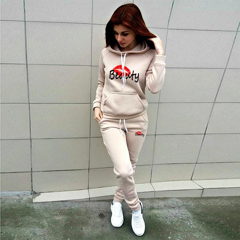 Women's long sleeved hooded sports top+pants casual sports set Women's sportswear warm long sleeved hooded two-piece set